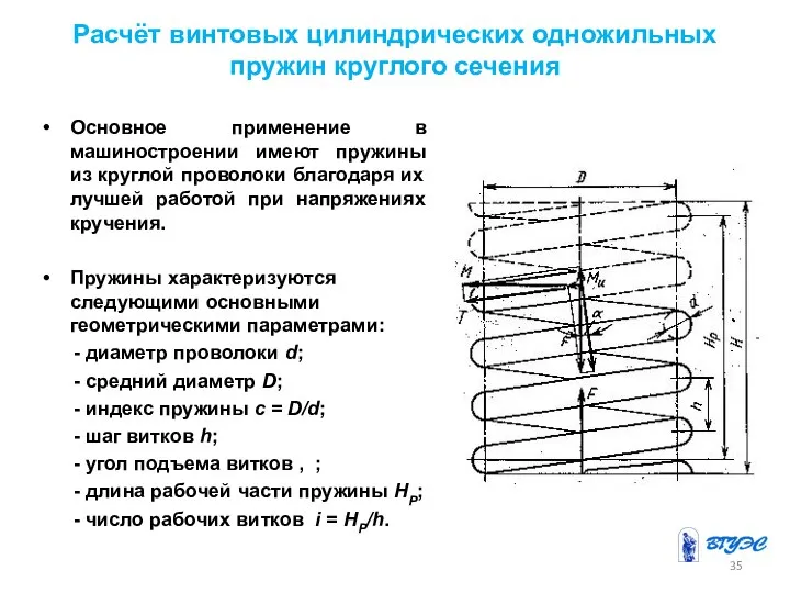 Расчёт винтовых цилиндрических одножильных пружин круглого сечения Основное применение в машиностроении