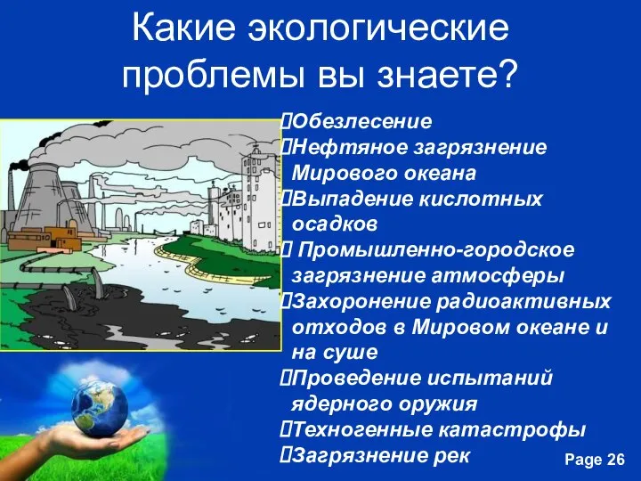 Какие экологические проблемы вы знаете? Обезлесение Нефтяное загрязнение Мирового океана Выпадение