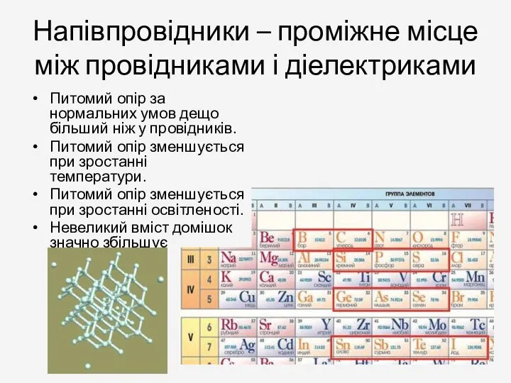 Напівпровідники – проміжне місце між провідниками і діелектриками Питомий опір за