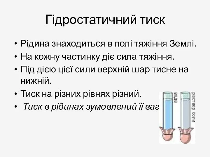 Гідростатичний тиск Рідина знаходиться в полі тяжіння Землі. На кожну частинку