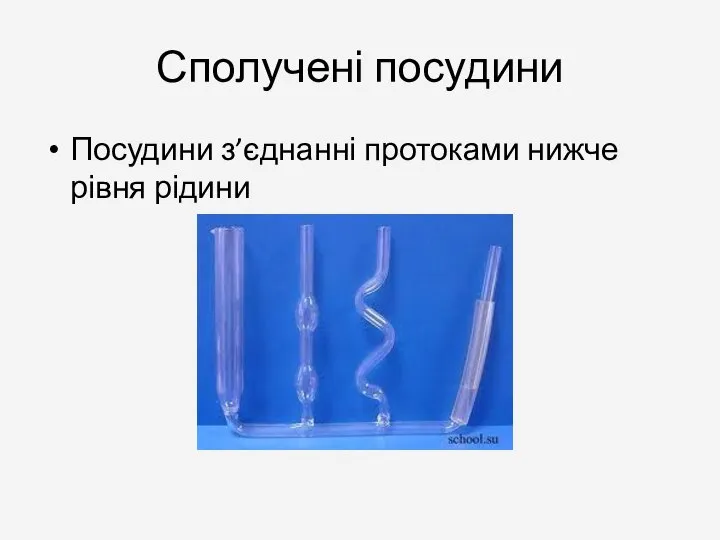 Сполучені посудини Посудини з’єднанні протоками нижче рівня рідини