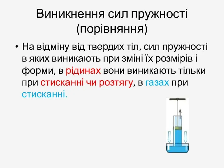 Виникнення сил пружності (порівняння) На відміну від твердих тіл, сил пружності