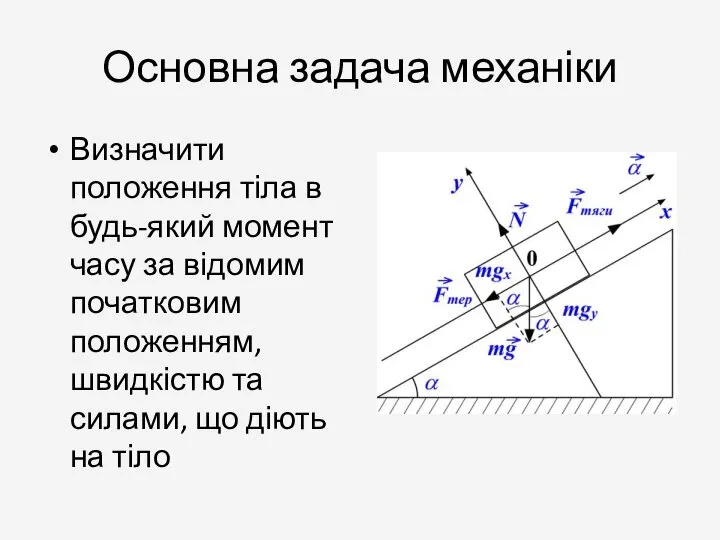 Основна задача механіки Визначити положення тіла в будь-який момент часу за