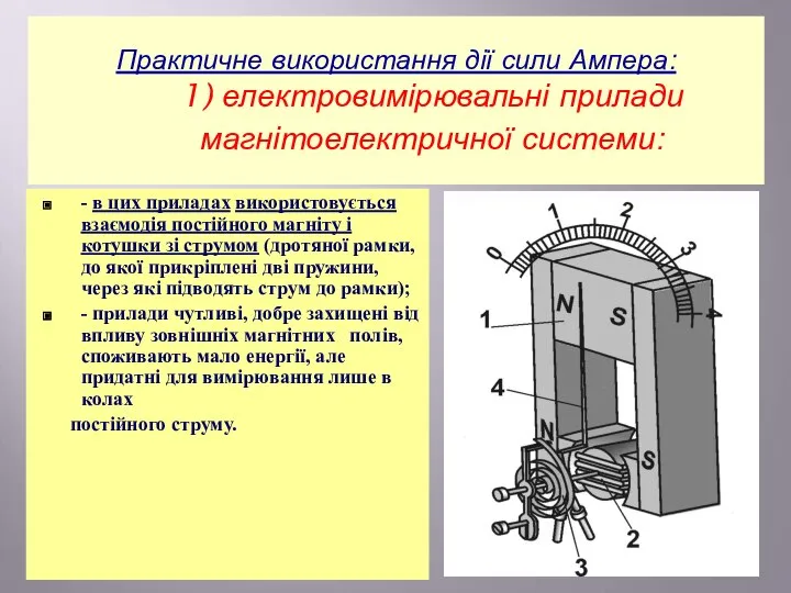 Практичне використання дії сили Ампера: 1) електровимірювальні прилади магнітоелектричної системи: -