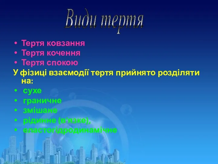 Тертя ковзання Тертя кочення Тертя спокою У фізиці взаємодії тертя прийнято