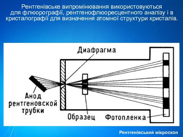 Рентгенівське випромінювання використовуються для флюорографії, рентгенофлюоресцентного аналізу і в кристалографії для