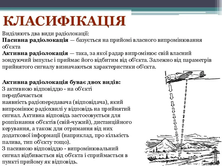 Класифікація Виділяють два види радіолокації: Пасивна радіолокація — базується на прийомі