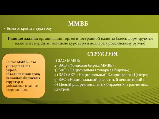 ММВБ Была открыта в 1992 году Главная задача: организация торгов иностранной