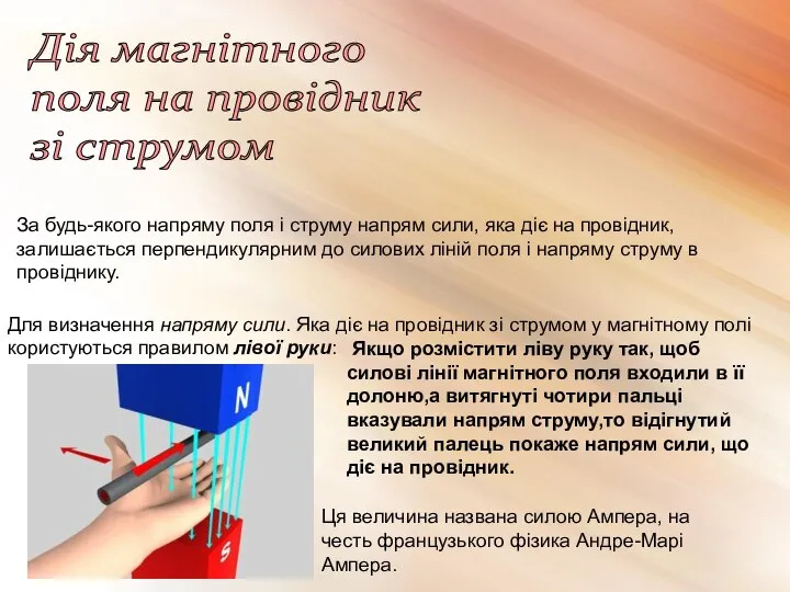 Дія магнітного поля на провідник зі струмом За будь-якого напряму поля