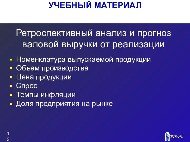 УЧЕБНЫЙ МАТЕРИАЛ Номенклатура выпускаемой продукции Объем производства Цена продукции Спрос Темпы