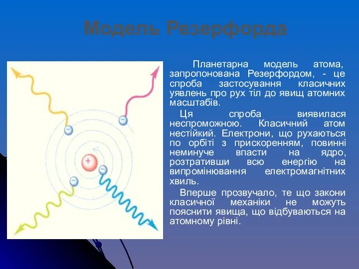 Планетарна модель атома, запропонована Резерфордом, - це спроба застосування класичних уявлень