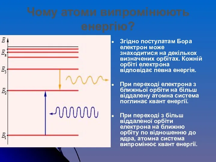 Згідно постулатам Бора електрон може знаходитися на декількох визначених орбітах. Кожній