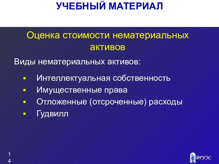 УЧЕБНЫЙ МАТЕРИАЛ Оценка стоимости нематериальных активов Интеллектуальная собственность Имущественные права Отложенные