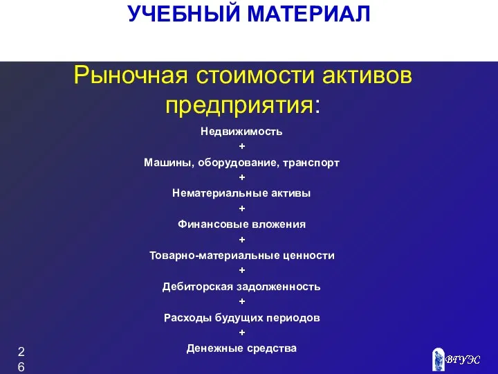 УЧЕБНЫЙ МАТЕРИАЛ Рыночная стоимости активов предприятия: Недвижимость + Машины, оборудование, транспорт