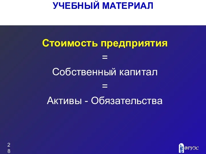 УЧЕБНЫЙ МАТЕРИАЛ Стоимость предприятия = Собственный капитал = Активы - Обязательства