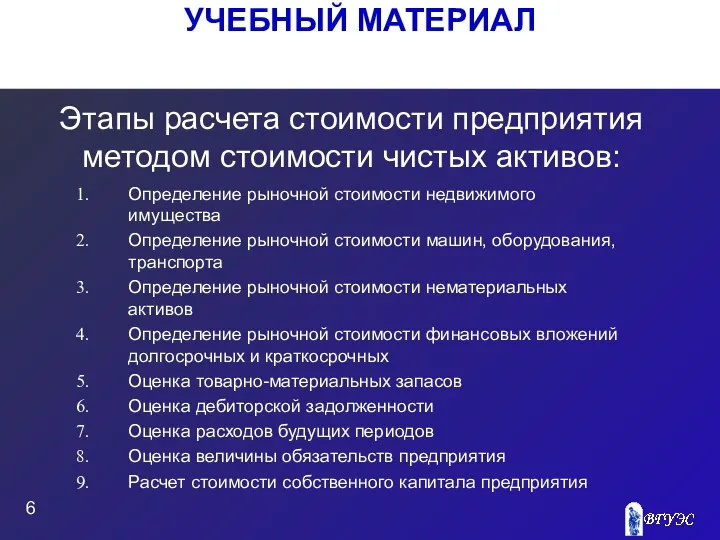 УЧЕБНЫЙ МАТЕРИАЛ Этапы расчета стоимости предприятия методом стоимости чистых активов: Определение