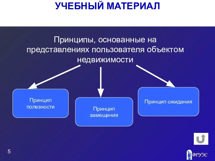 УЧЕБНЫЙ МАТЕРИАЛ Принципы, основанные на представлениях пользователя объектом недвижимости Принцип полезности Принцип замещения Принцип ожидания