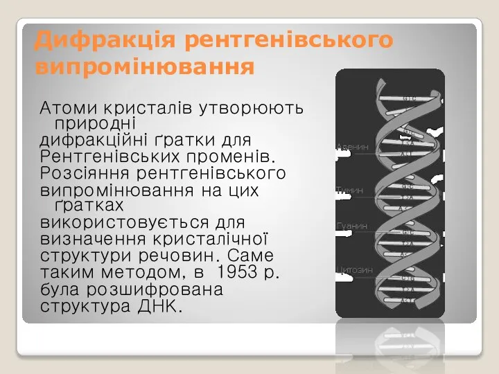 Дифракція рентгенівського випромінювання Атоми кристалів утворюють природні дифракційні ґратки для Рентгенівських