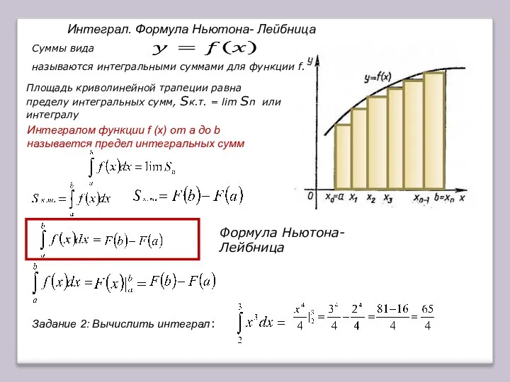 Интеграл. Формула Ньютона- Лейбница называются интегральными суммами для функции f. Суммы