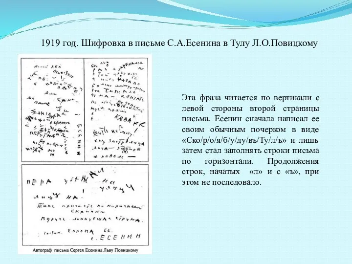 1919 год. Шифровка в письме С.А.Есенина в Тулу Л.О.Повицкому Эта фраза