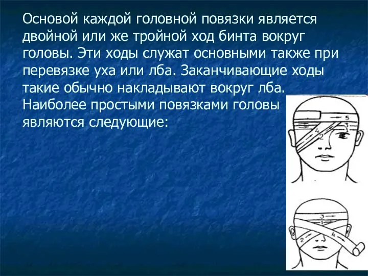 Основой каждой головной повязки является двойной или же тройной ход бинта