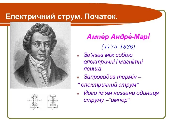 Електричний струм. Початок. Ампе́р Андре́-Марі́ (1775-1836) Зв'язав між собою електричні і