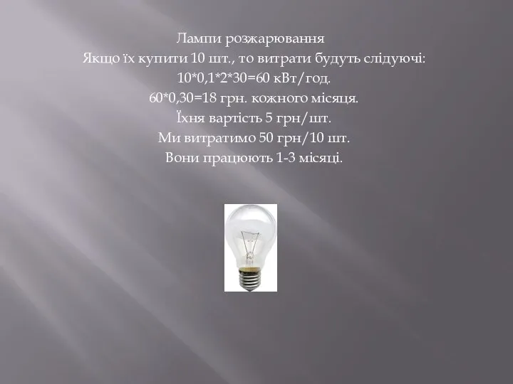 Лампи розжарювання Якщо їх купити 10 шт., то витрати будуть слідуючі: