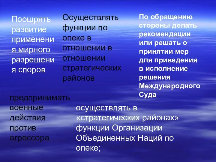 Поощрять развитие применения мирного разрешения споров Осуществлять функции по опеке в