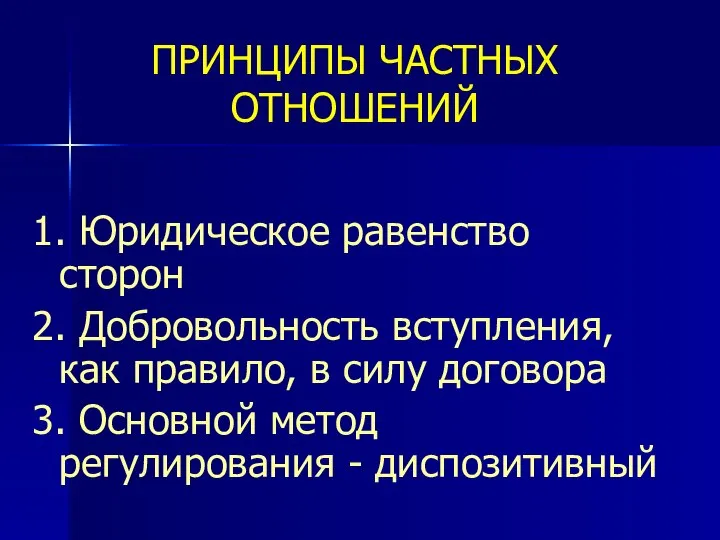 ПРИНЦИПЫ ЧАСТНЫХ ОТНОШЕНИЙ 1. Юридическое равенство сторон 2. Добровольность вступления, как