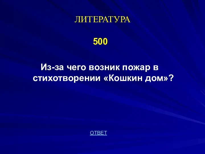 ЛИТЕРАТУРА 500 Из-за чего возник пожар в стихотворении «Кошкин дом»? ОТВЕТ