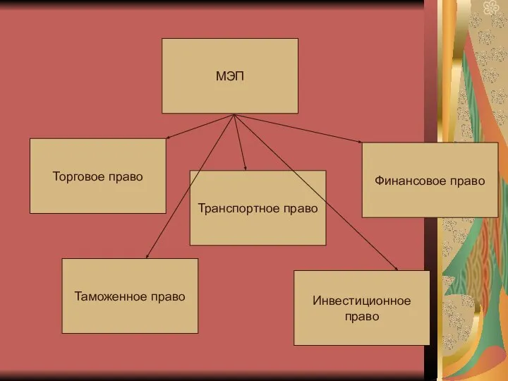 МЭП Таможенное право Финансовое право Транспортное право Торговое право Инвестиционное право