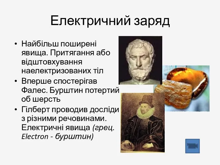 Електричний заряд Найбільш поширені явища. Притягання або відштовхування наелектризованих тіл Вперше