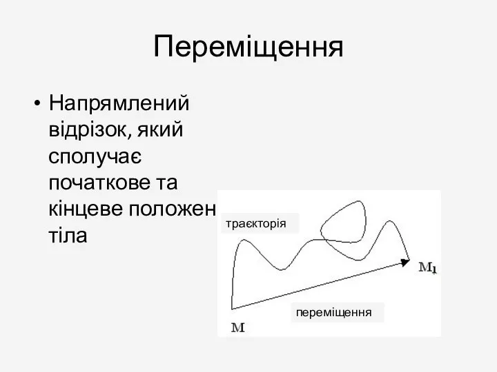 Переміщення Напрямлений відрізок, який сполучає початкове та кінцеве положення тіла траєкторія переміщення