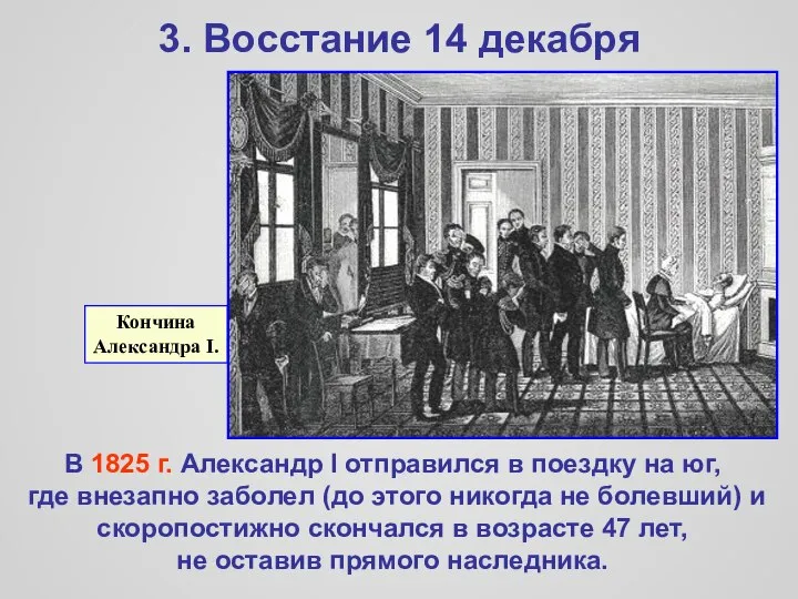 3. Восстание 14 декабря Кончина Александра I. В 1825 г. Александр