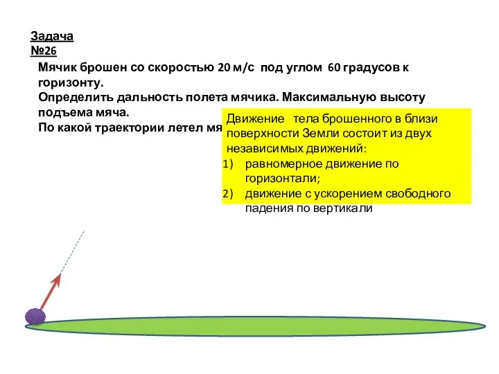 Задача №26 Мячик брошен со скоростью 20 м/с под углом 60