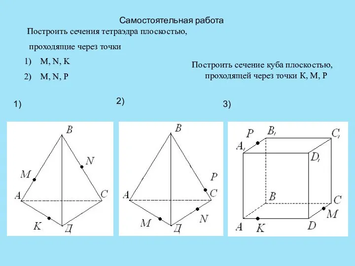 Самостоятельная работа Построить сечения тетраэдра плоскостью, проходящие через точки M, N,