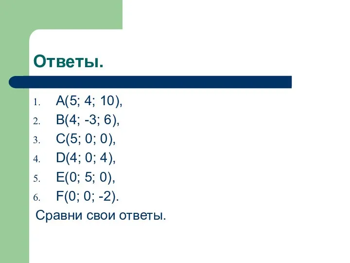 Ответы. A(5; 4; 10), B(4; -3; 6), C(5; 0; 0), D(4;