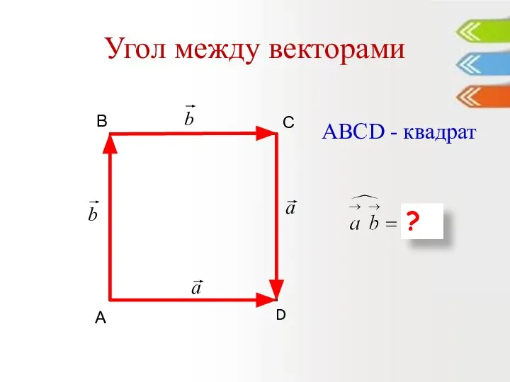 Угол между векторами D С В А ABCD - квадрат ?