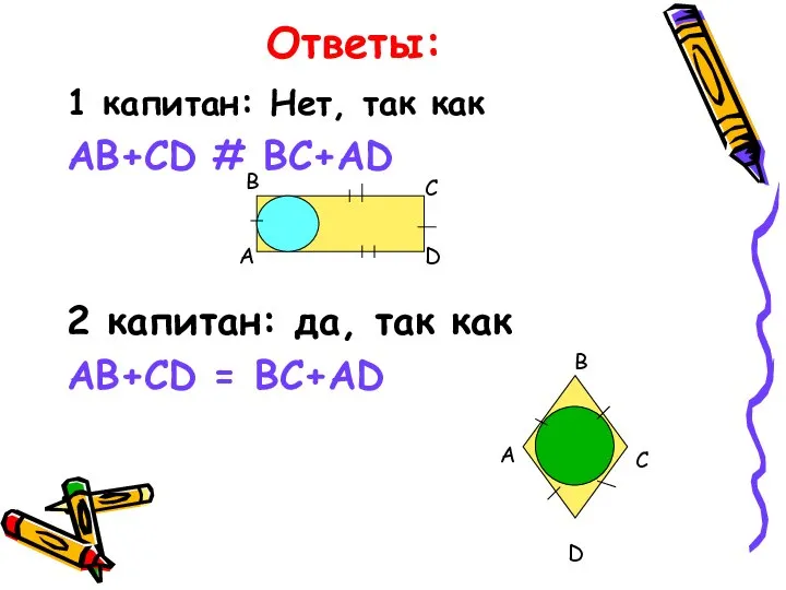 Ответы: 1 капитан: Нет, так как AB+CD # BC+AD 2 капитан: