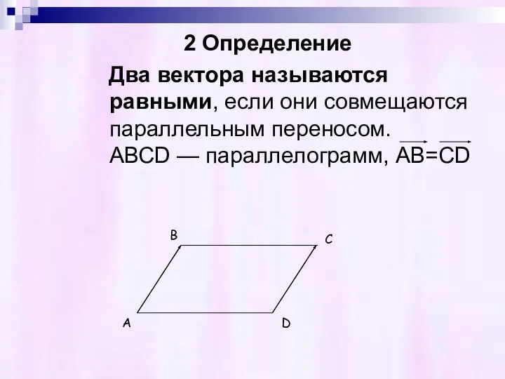 2 Определение Два вектора называются равными, если они совмещаются параллельным переносом.