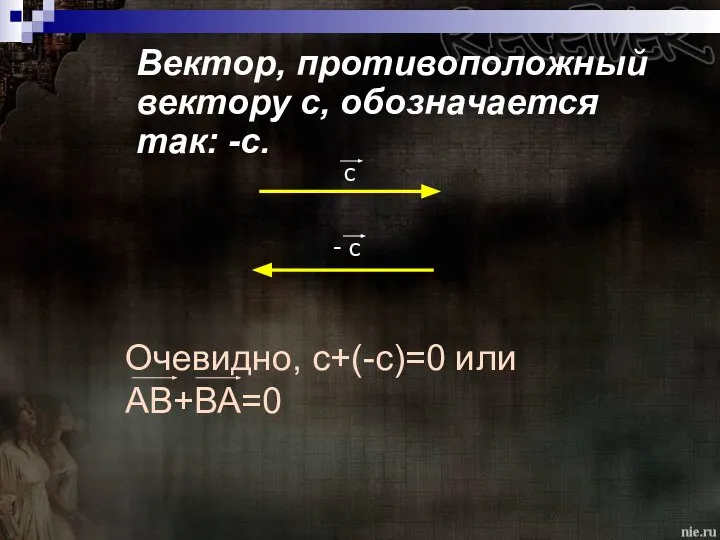 Вектор, противоположный вектору c, обозначается так: -c. c - c Очевидно, с+(-с)=0 или АВ+ВА=0