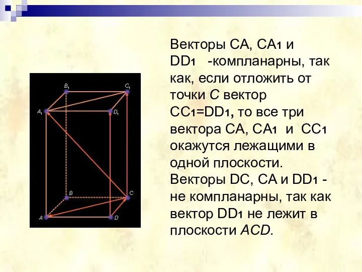 Векторы CA, CA1 и DD1 -компланарны, так как, если отложить от