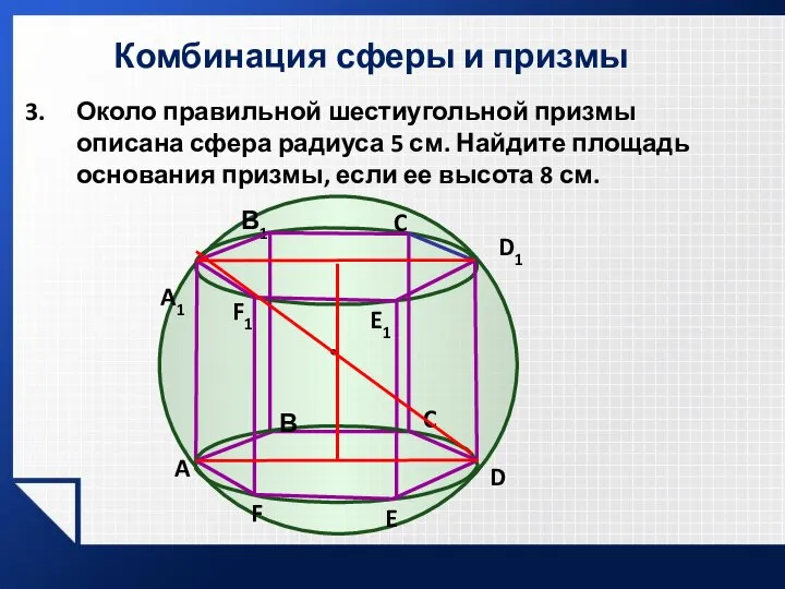 Комбинация сферы и призмы Около правильной шестиугольной призмы описана сфера радиуса
