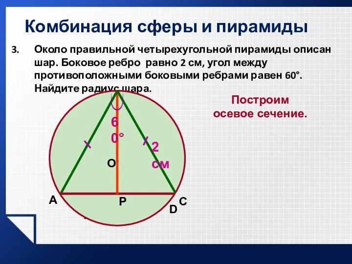 Комбинация сферы и пирамиды Около правильной четырехугольной пирамиды описан шар. Боковое