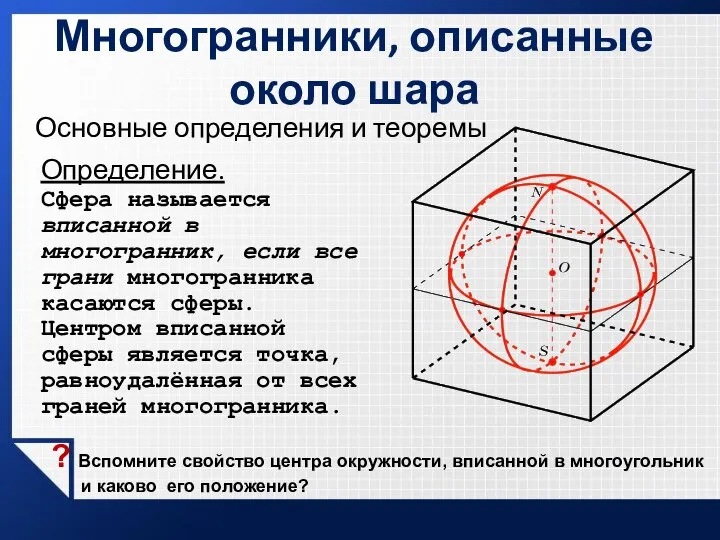 Многогранники, описанные около шара Основные определения и теоремы Определение. Сфера называется