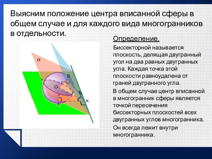 Выясним положение центра вписанной сферы в общем случае и для каждого