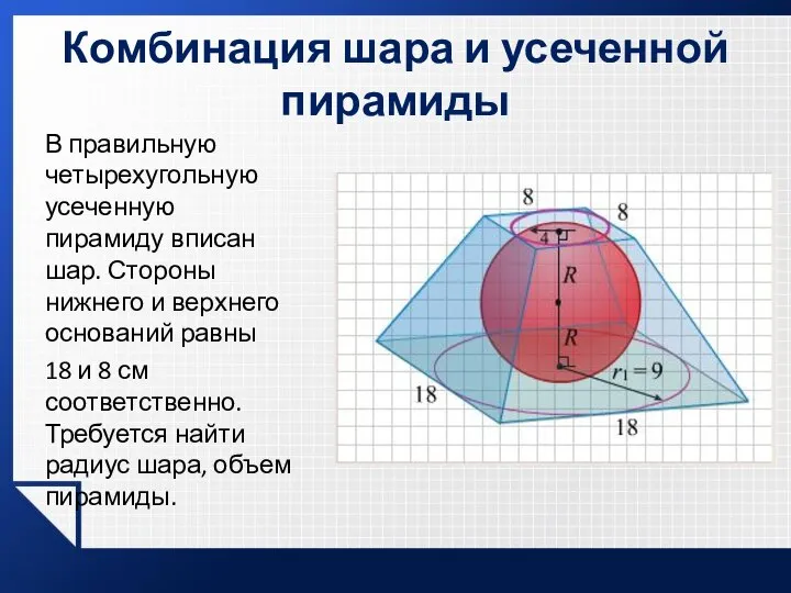 Комбинация шара и усеченной пирамиды В правильную четырехугольную усеченную пирамиду вписан