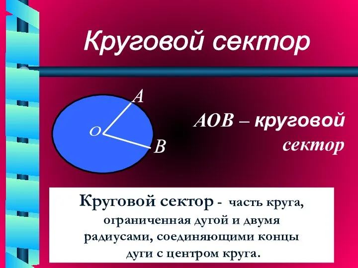 Круговой сектор - часть круга, ограниченная дугой и двумя радиусами, соединяющими