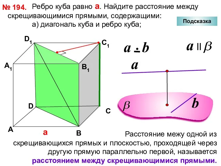 Ребро куба равно а. Найдите расстояние между скрещивающимися прямыми, содержащими: а)