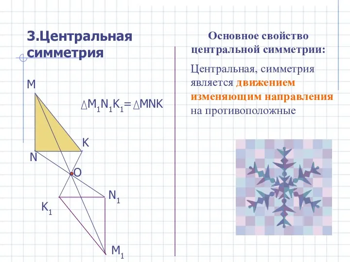 3.Центральная симметрия М М1 N N1 K K1 O M1N1K1= MNK